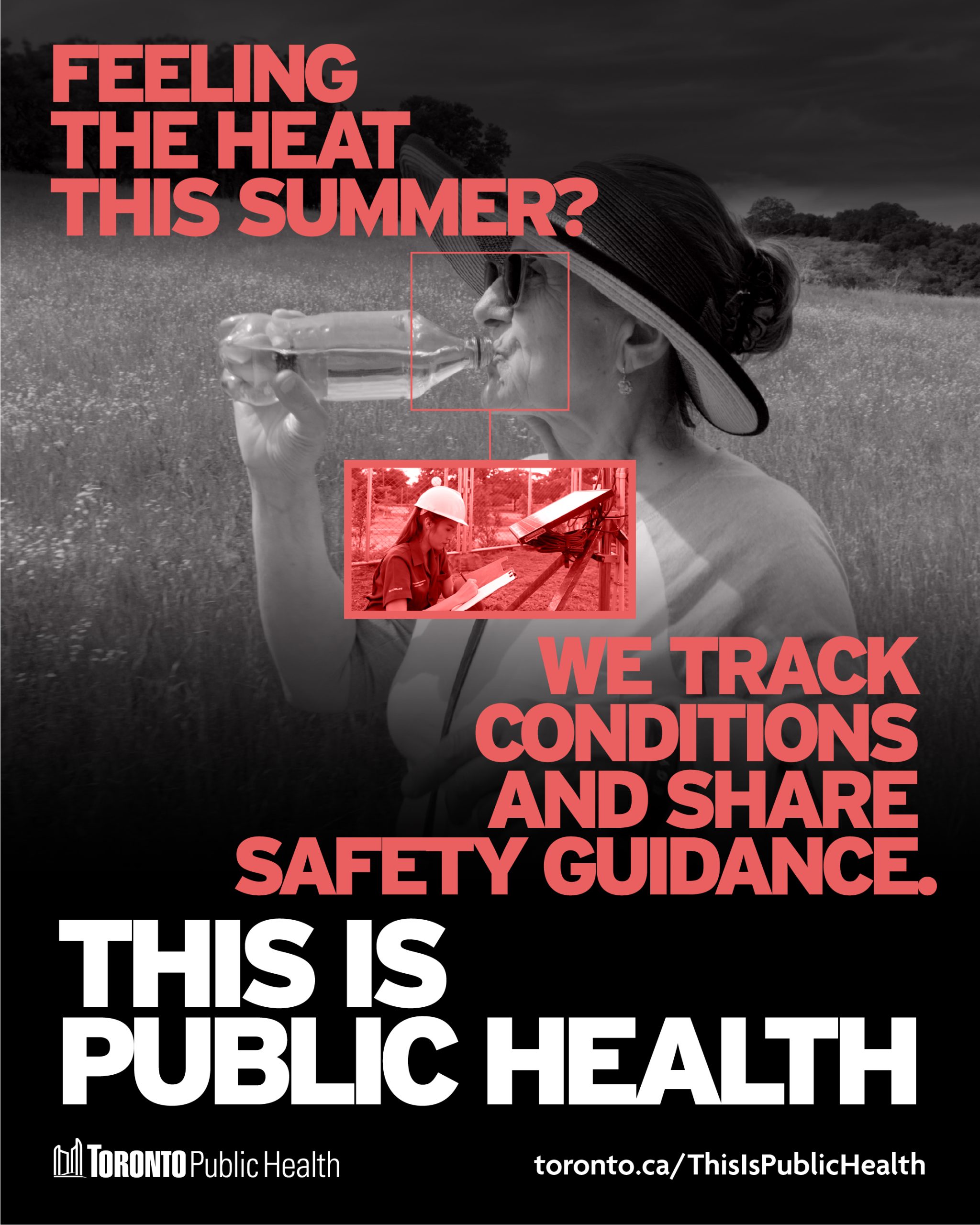 This is public health poster with "we track conditions and share safety guidance" in bold letters