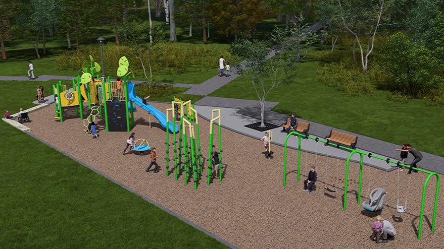 A rendering of Playground Design B with an aerial view showing slides, climbers, spinners, and swings arranged along a linear layout.