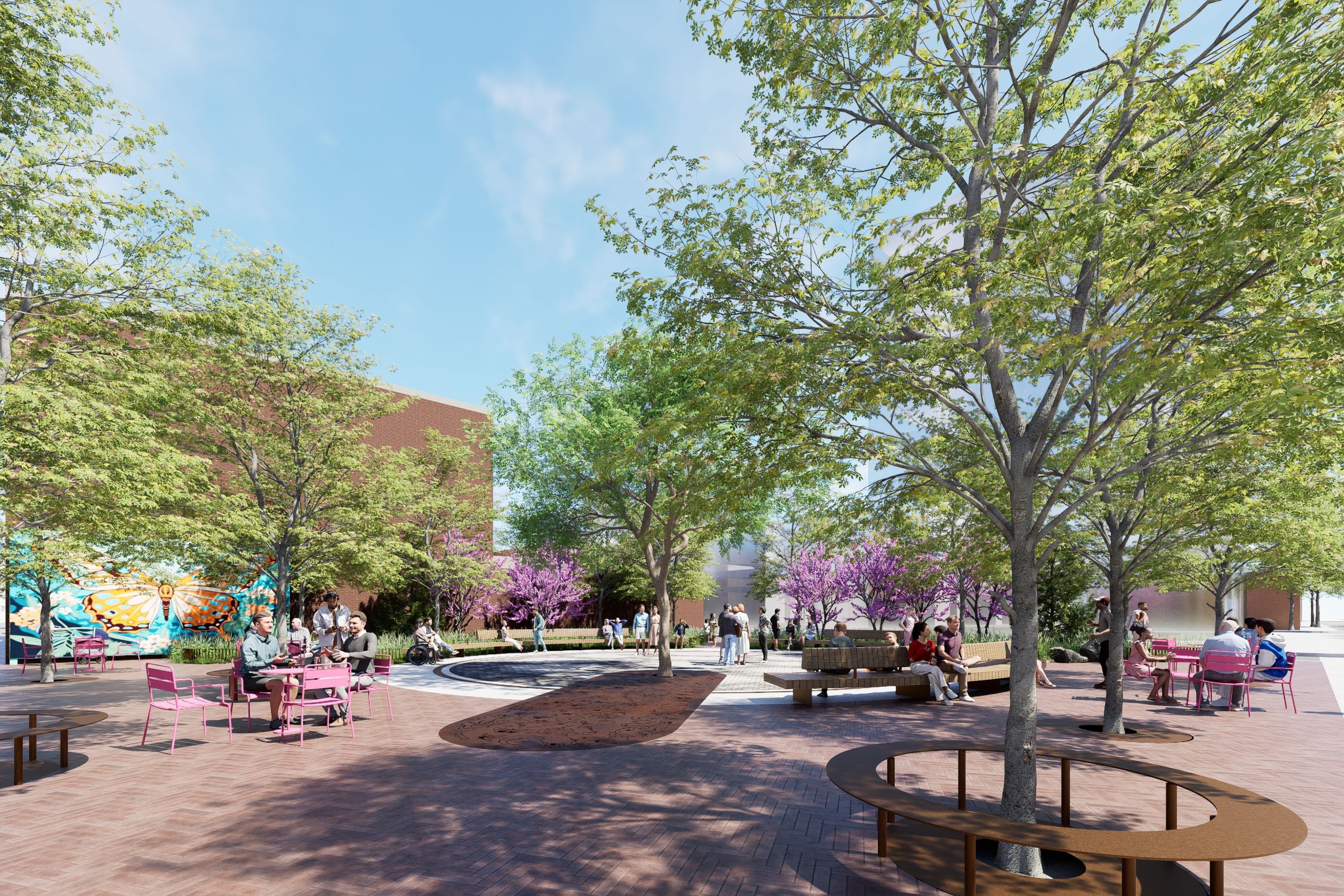Rendering of the preferred design highlighting the clusters of trees, dappled shade in the centre of the park, and clear site lines through the park.