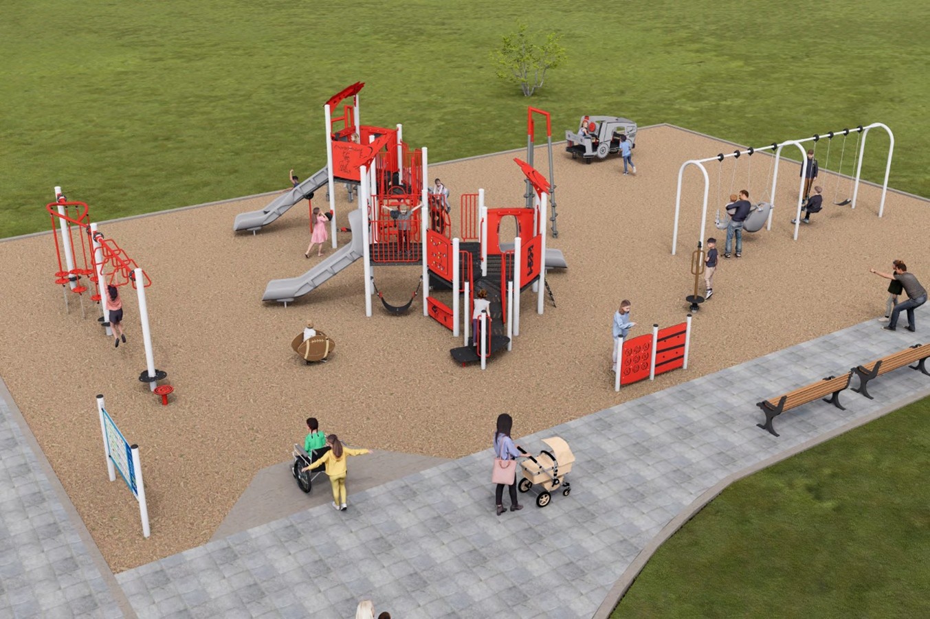 An aerial view of Playground Design B looking to the southwest from the northeast. From the lower left to the upper right, it includes a play panel, climbing and balancing structure, a football spring toy, a junior and senior play structure, climbing structure, play panels, a spring toy and a swing set. 