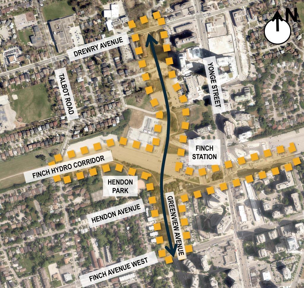 Aerial map of the Finch Station area showing a proposed north–south active transportation route highlighted with yellow markers and a blue arrow, connecting Finch Avenue West, Greenview Avenue, Hendon Park, the Finch Hydro Corridor and Drewry Avenue.