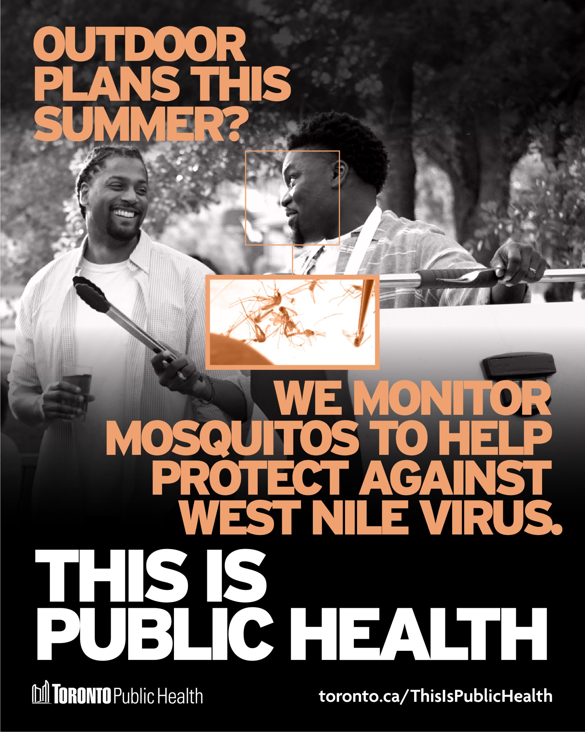 This is public health poster with "we monitor mosquitos to help protect against west nile virus" in bold letters