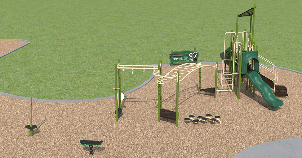 A rendering of Playground Design C looking towards the west. From left to the right it includes a stand-up spinner, a spring toy, a senior play structure and a freestanding activity panel. From left to right the senior play structure includes a wheel activity panel, a crunch bar, an overhead climbing option, a spinning overhead option, another overhead climbing option, a lily pad activity, a deck transition climbing option, a firepole, a roof, a wave slide, and a transfer stations with steps. The equipment is shown in beige, brown, and green.