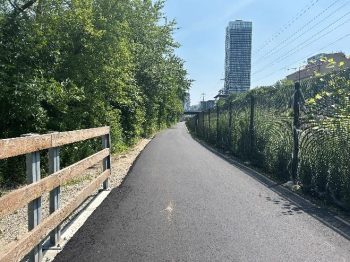 View of trail and city building in background.