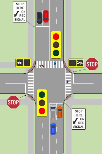 Diagram of intersection pedestrian signals located on the north side of an intersection.