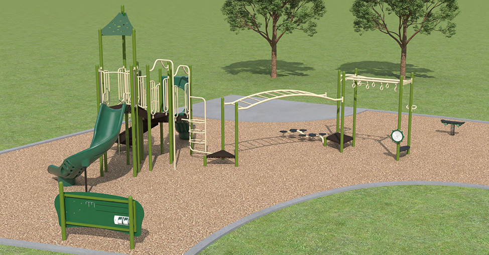 A rendering of Playground Design C looking towards the east. From left to the right it includes a freestanding activity panel, a senior play structure, and a spring toy.  From left to right the senior play structure includes a spiral slide, a roof, a firepole, a deck transition climbing option, an overhead climbing option, a lily pad activity, an overhead spinning option, an overhead climbing option, a wheel activity panel, and a crunch bar.  The equipment is shown in beige, brown, and green.