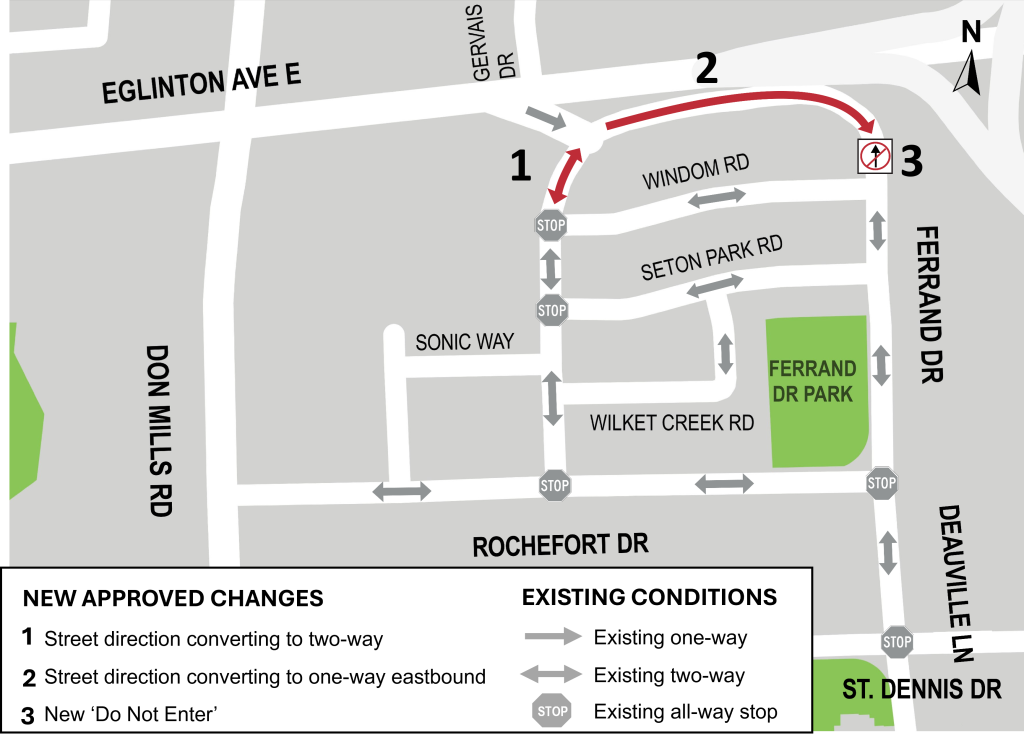 Map of Ferrand Drive area, with changes to road directions marked in red, and existing road directions marked in grey. 