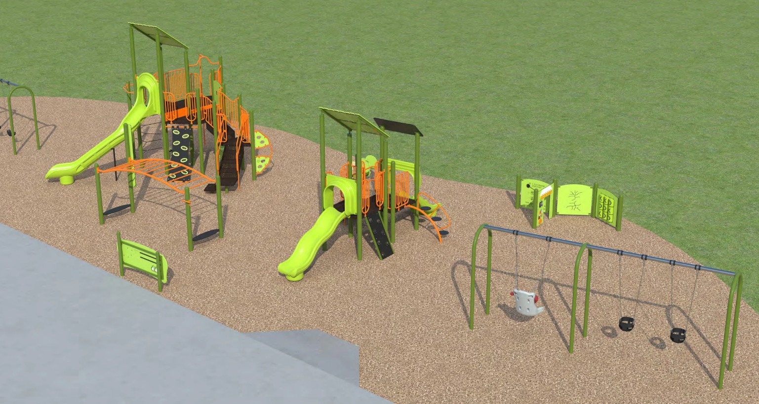 An aerial view of Playground Design C looking to the north from the south. From the left to the right, it includes a swing set, senior play equipment, junior play equipment, swing set, and activity panels. 