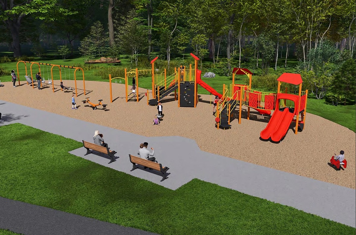 An aerial view of Playground Design B looking to the north from the south. From the lower left to the upper right, it includes a junior play equipment, senior play equipment, swing set, and a spinner toy. 