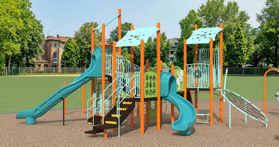 A ground-level view of Playground Design A looking to the southwest from the northeast. From the lower left to the upper right, it includes a senior slide, stairs, a play panel, junior slide and a climbing net structure. 