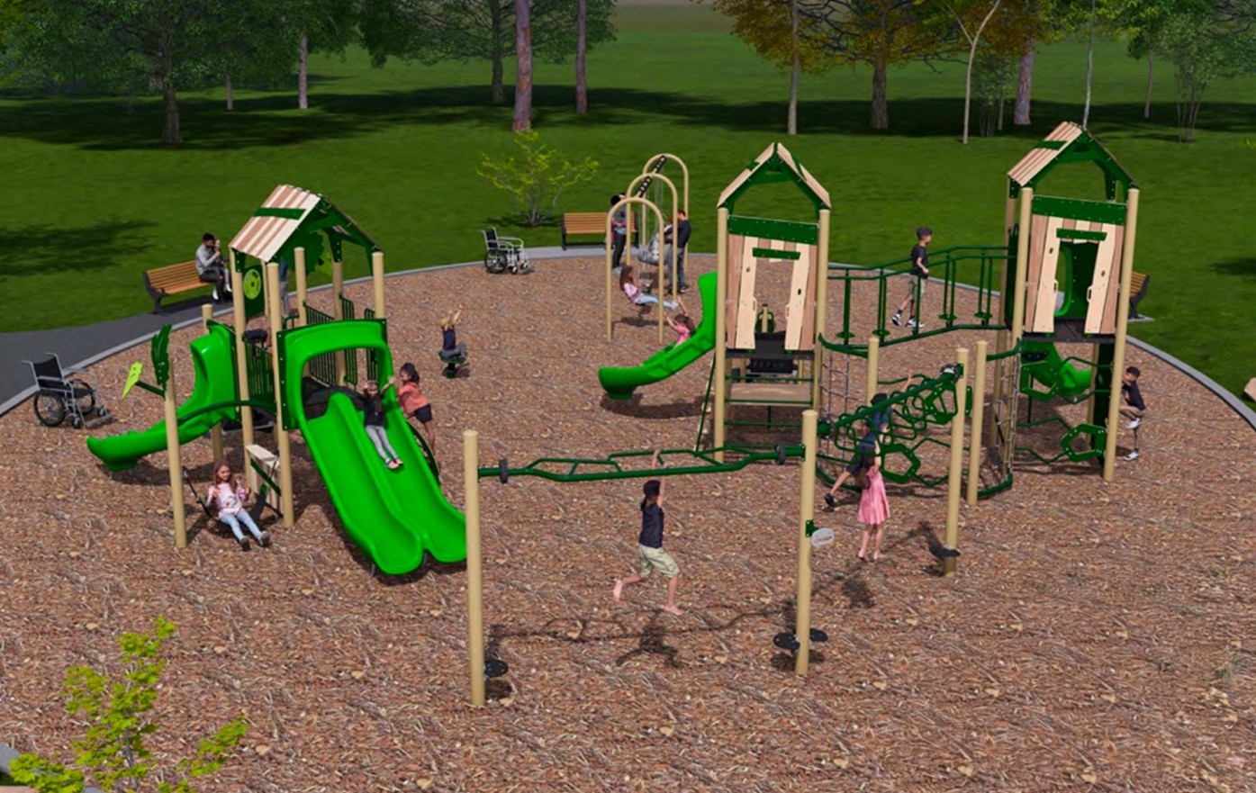 An aerial view of Playground Design C looking to the northeast from the southwest. From the lower left to the upper right, it includes junior play equipment, monkey bars, a swing set, senior play equipment, bridge, slide, and a ladder.