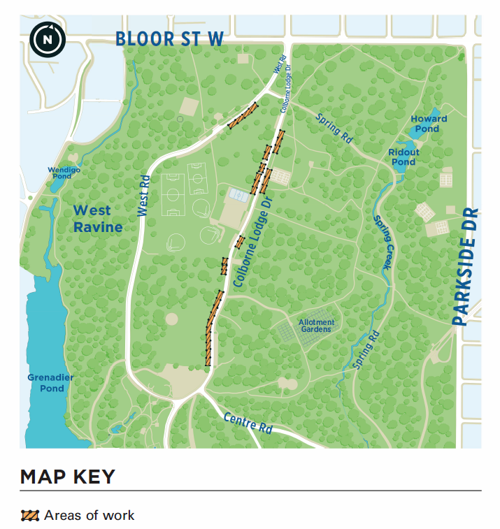 A map of the northern half of High Park showing the roadway loop of West Road and Colborne lodge Drive. Eight areas are identified for roadwork using red on the map. Seven of these are distributed along on Colborne Lodge Drive between Centre Road and Bloor Street. 