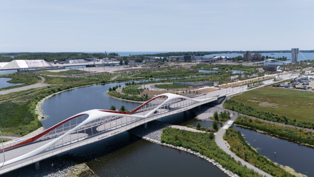 Bridge spanning the Don River and islands at Biidaasige Park.