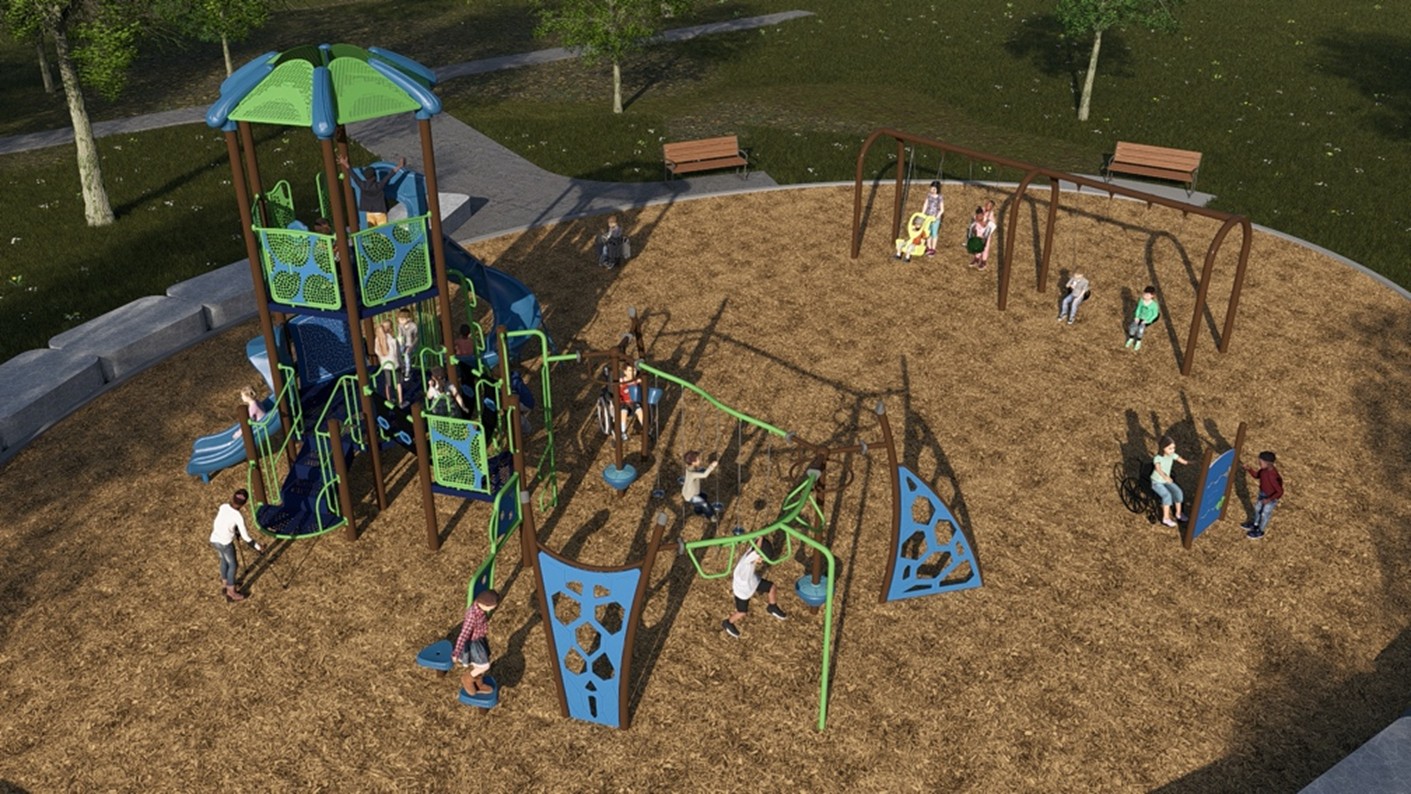 An aerial view of Playground Design B looking to the northeast from the southwest. From the lower left to the upper right, it includes senior play equipment and tower, balancing steps, ladder, curved slide, junior play equipment, mini climbing wall, overhead monkey bars, swing set, and play panels.