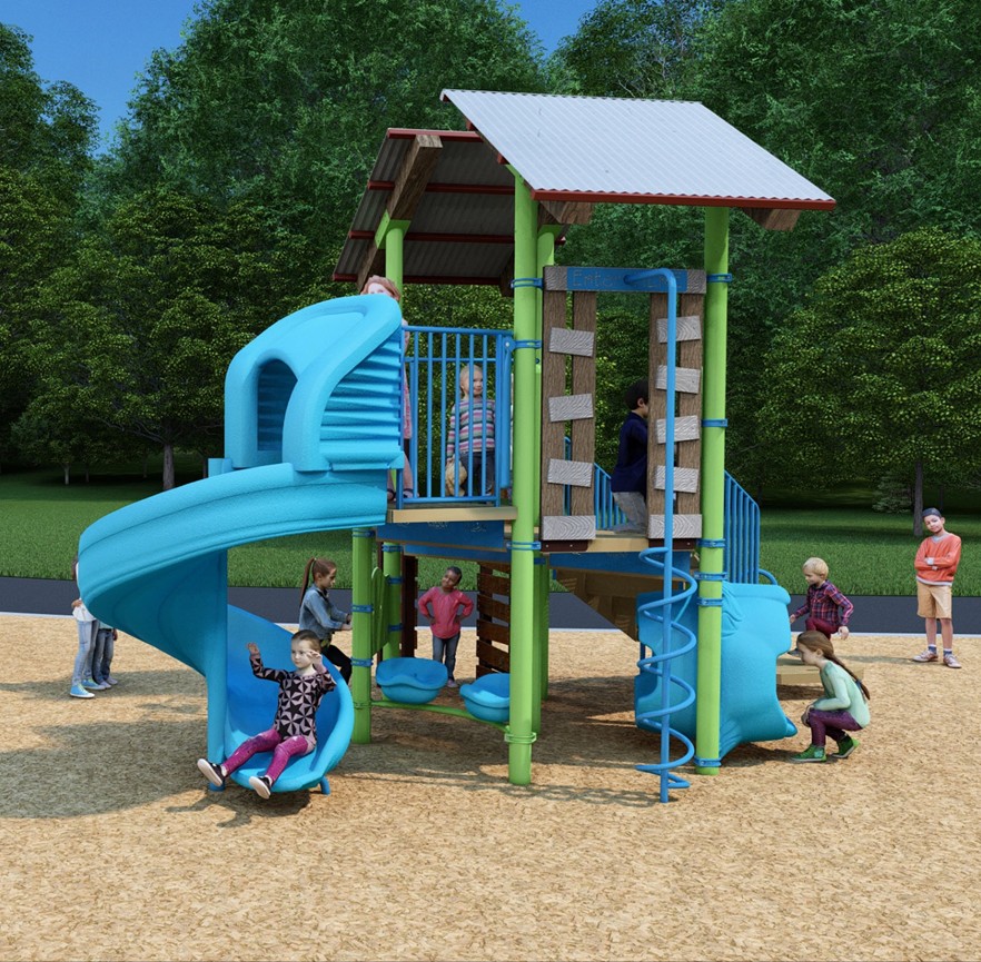 A rendering of the senior play structure from Playground Design A looking towards the south. From left to right the structure includes a spiral slide, seats, a wall climber, a climbing option, a crawl-through tunnel and a transfer station with two roofs.