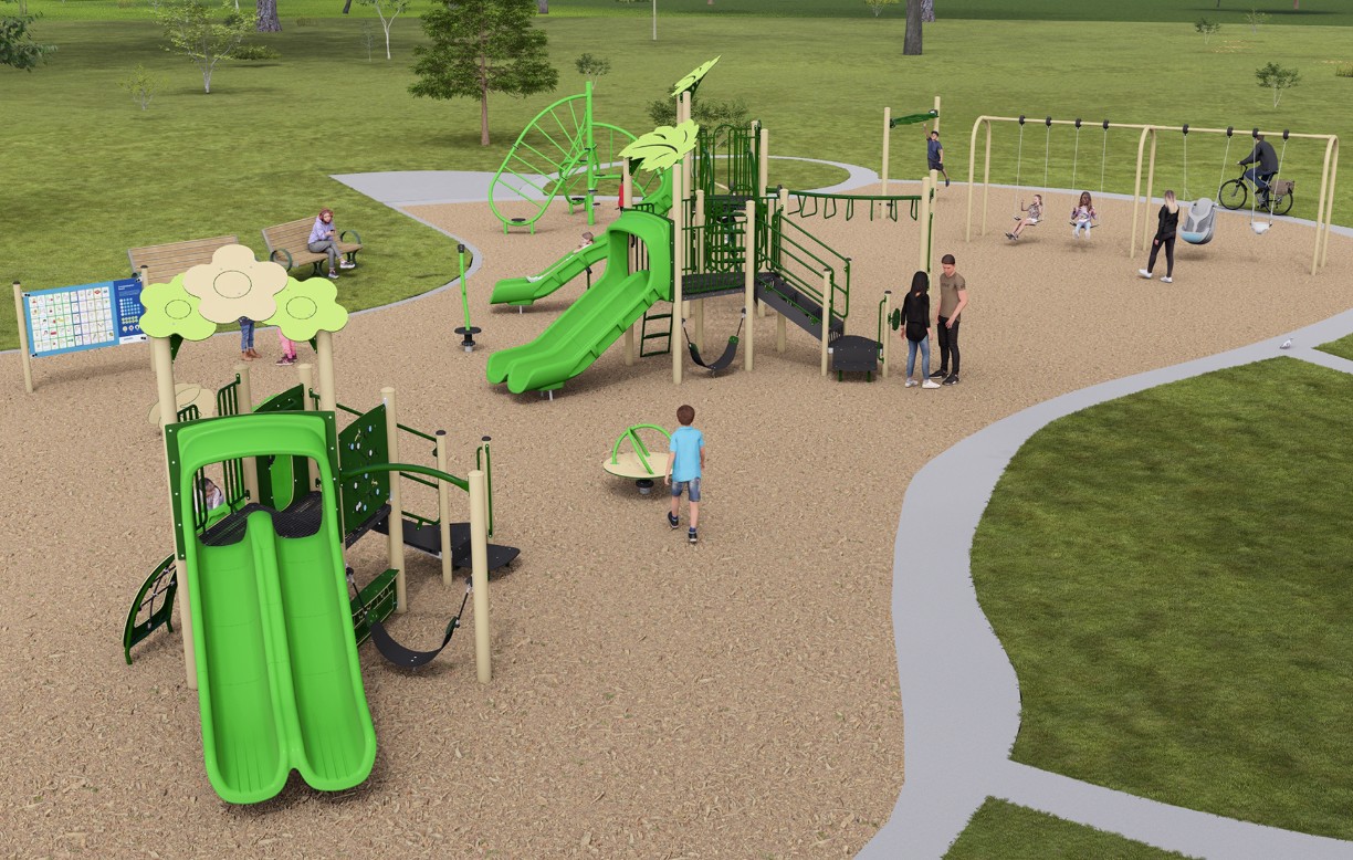 : A rendering of Playground Design B looking towards the northwest. From left to right the design includes a junior play structure, a stand-up spinning toy, a climbing structure, a senior play structure, a spinning toy, a freestanding overhead climber, and a swing set. The structures are shown in light green, dark green, beige, and grey.