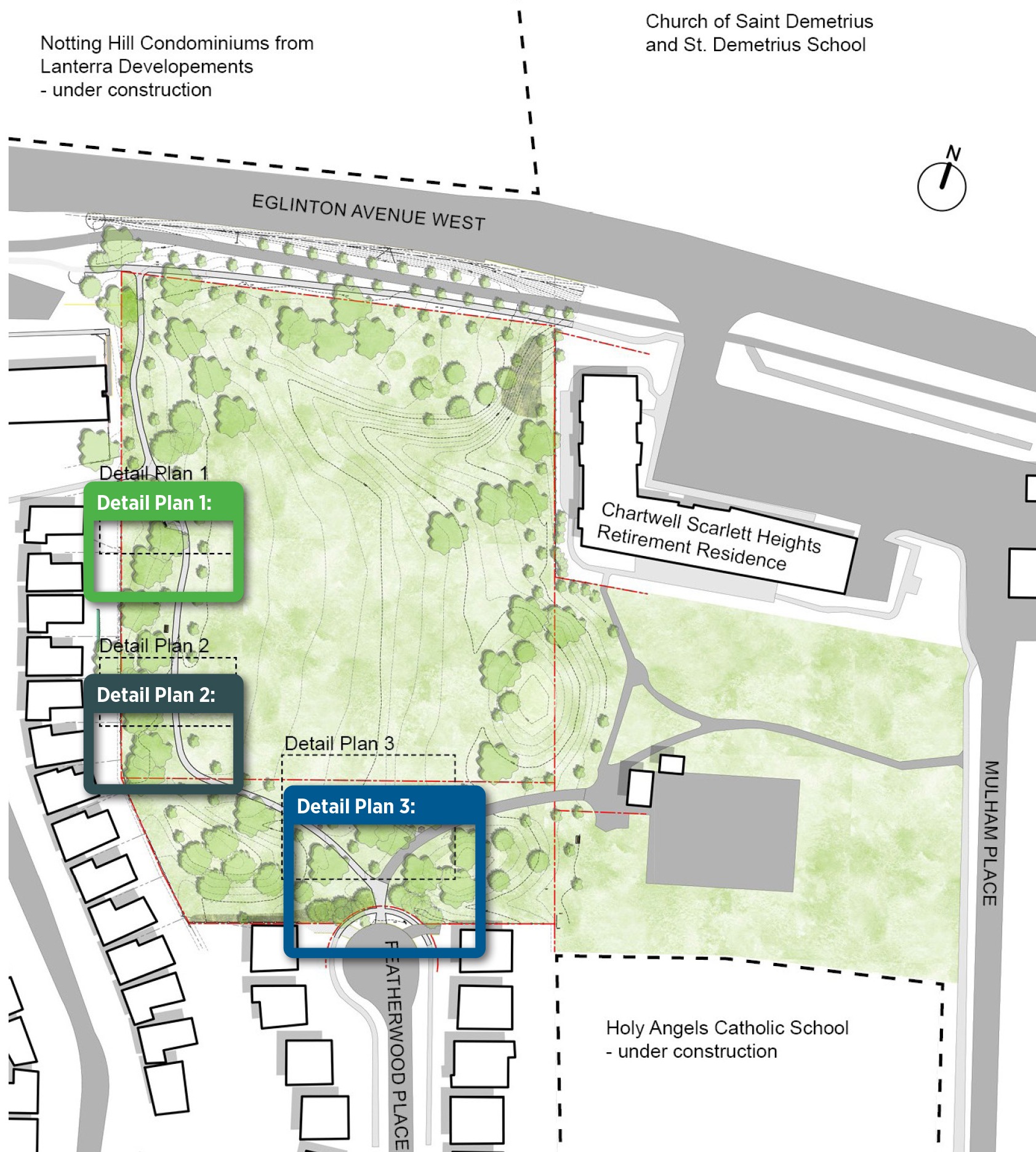 Overhead map view of entire park with 3 outlined showing where the location of park improvements are. Detail Plan 3 is at south end. Detail Plan 1 is just north of Detail Plan 2, with both located along the existing pathway to the west.