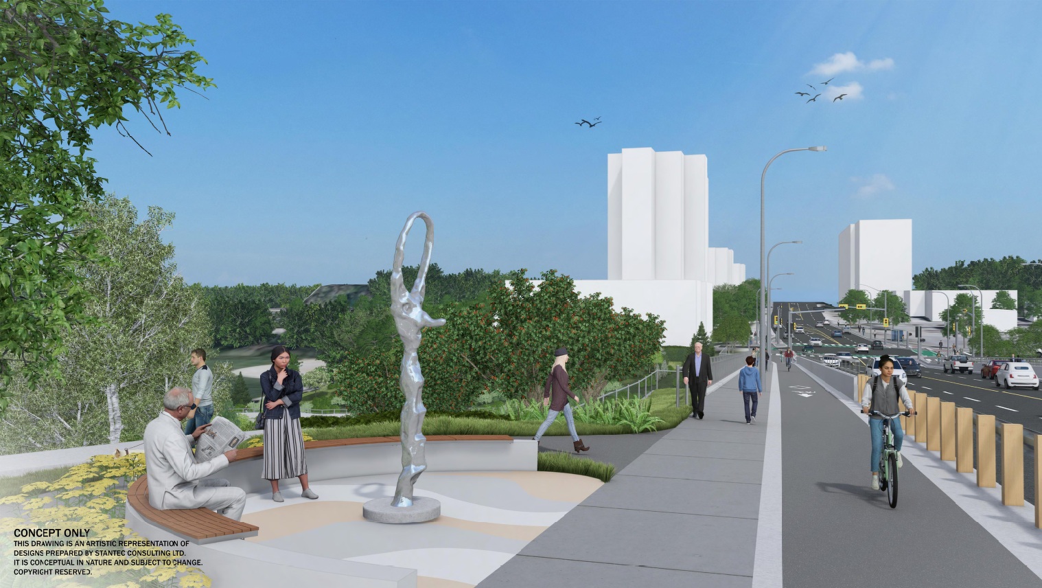 Artist rendering of a large metallic sculpture in the seating area of a park near to a sidewalk and cycle track on the west side of Jane Street