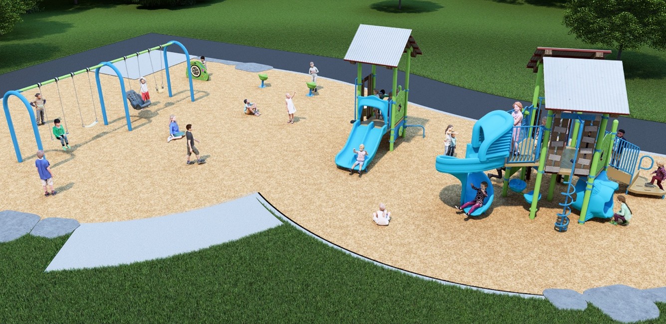 A rendering of Playground Design A looking towards the southeast. From left to right the design includes a swing set, freestanding activity panels, two seat spinning toys, a junior play structure, and a senior play structure.
