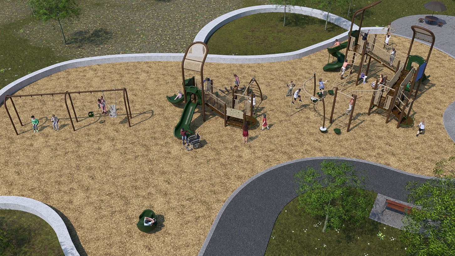 A rendering of Playground Design C looking towards the east. From left to right the design includes a swing set, a spinning toy, a junior play structure, a senior play structure, and an overhead spinning toy. The structures are shown in dark green, beige, and brown.