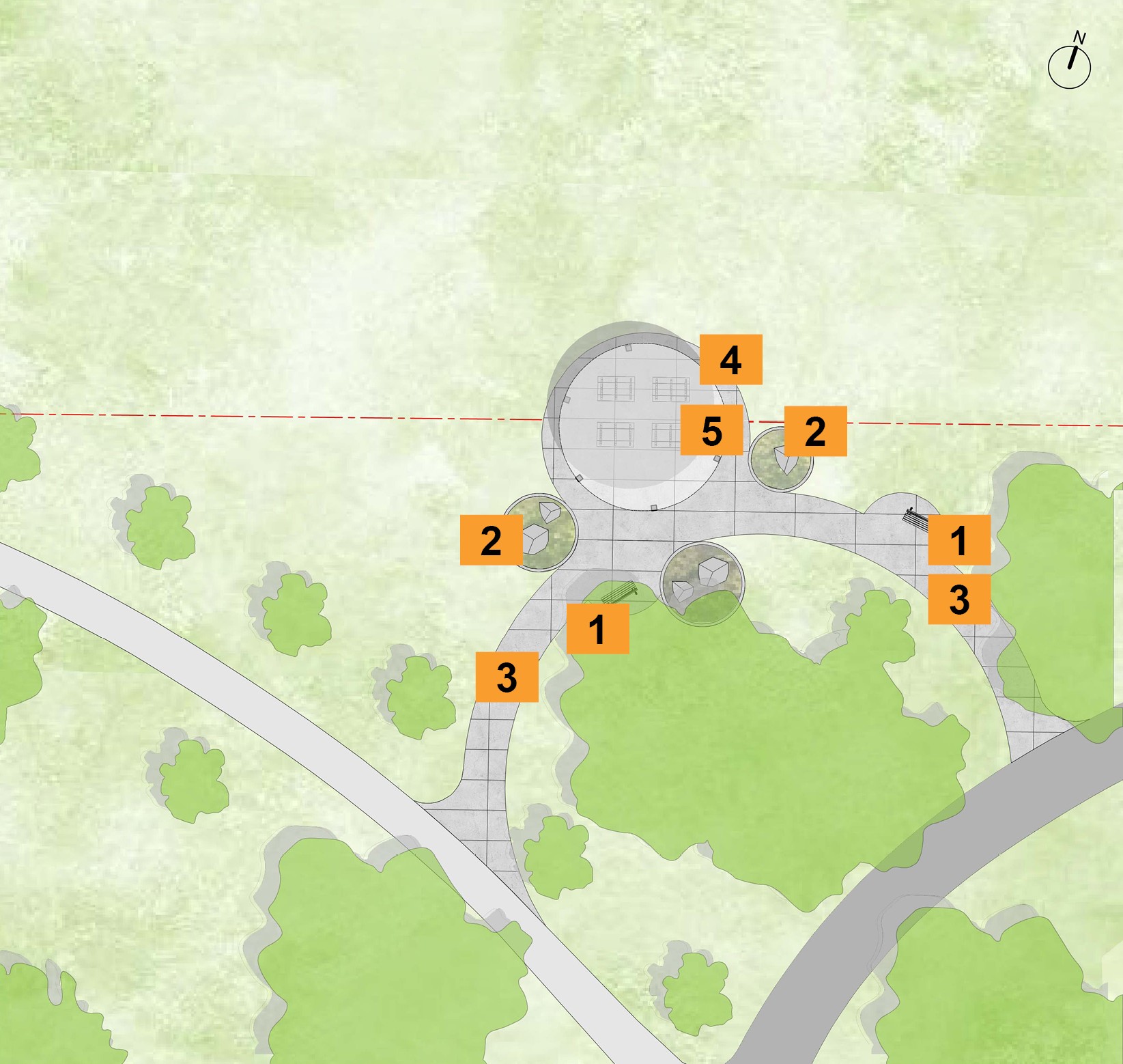 Site plan showing locations of proposed features with a new proposed pathway that leads to the shade pavilion in the middle, benches along pathway, concrete plaza underneath the shade pavilion, and perennial plantings beds on either side of the concrete plaza.