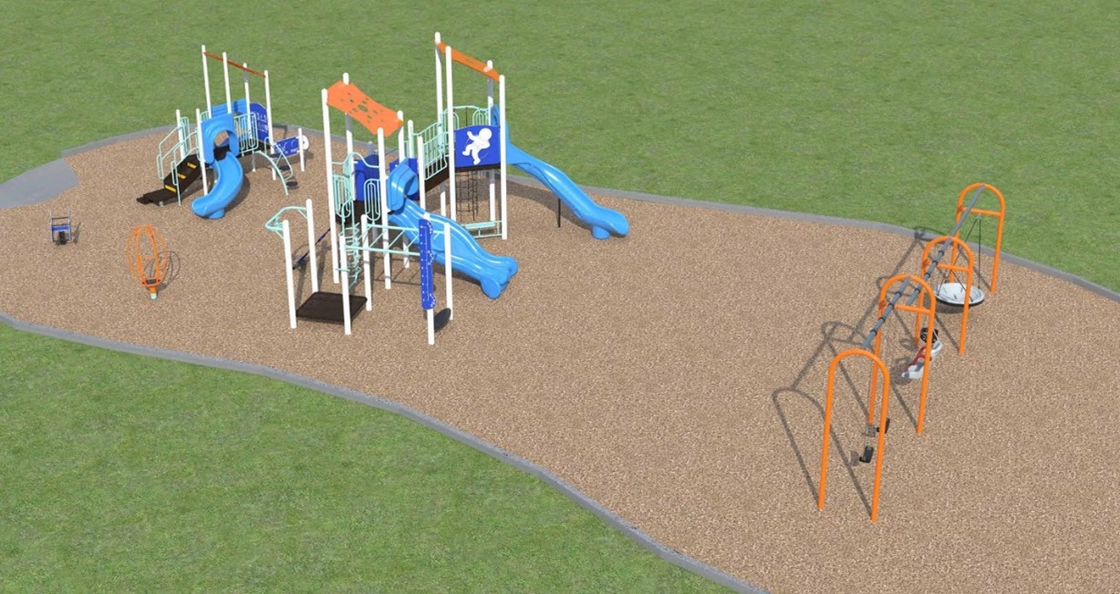 An aerial view of Playground Design A. From left to right, the playground features a jet spring toy, stand up spinner toy, junior play structure, senior play structure and triple-bay swing set.