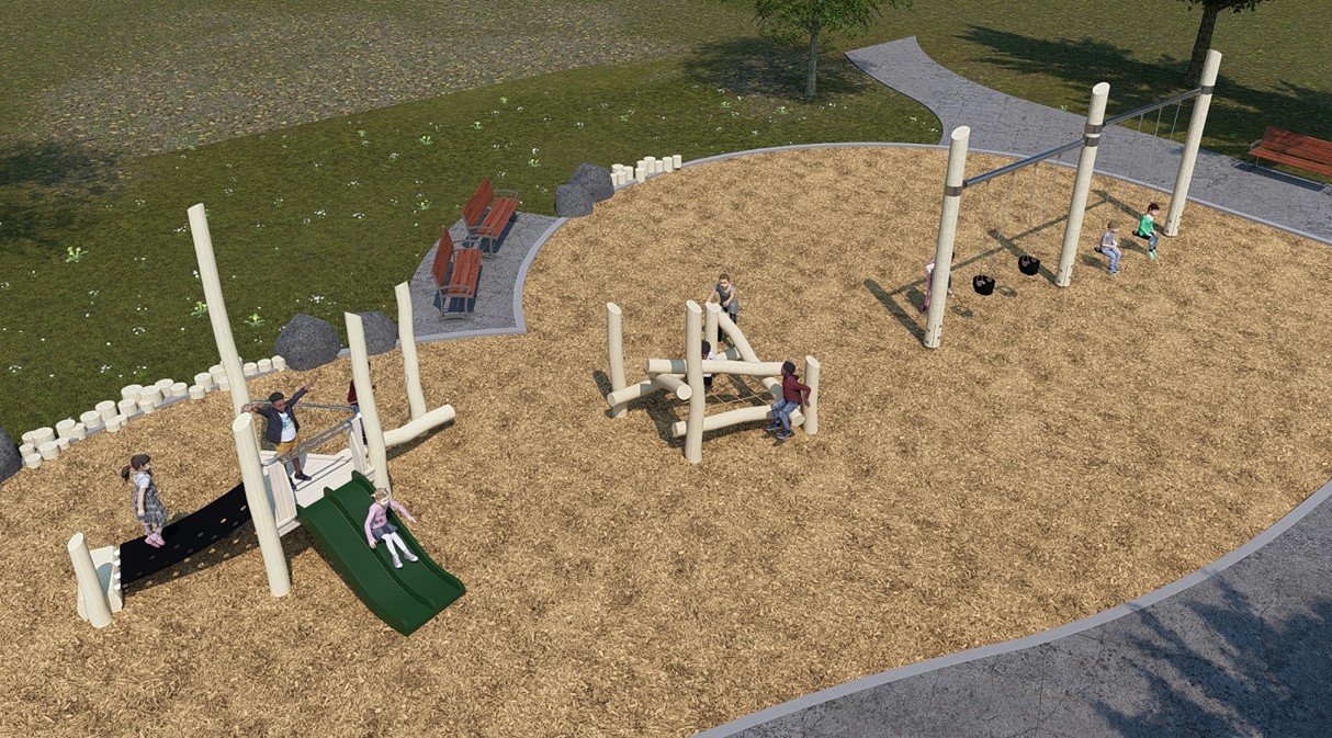 A rendering of Playground Design B looking towards the northeast. From left to right the design includes a junior play structure, a senior climbing structure, and a swing set. The play equipment is composed of wooden posts and logs with a slide.