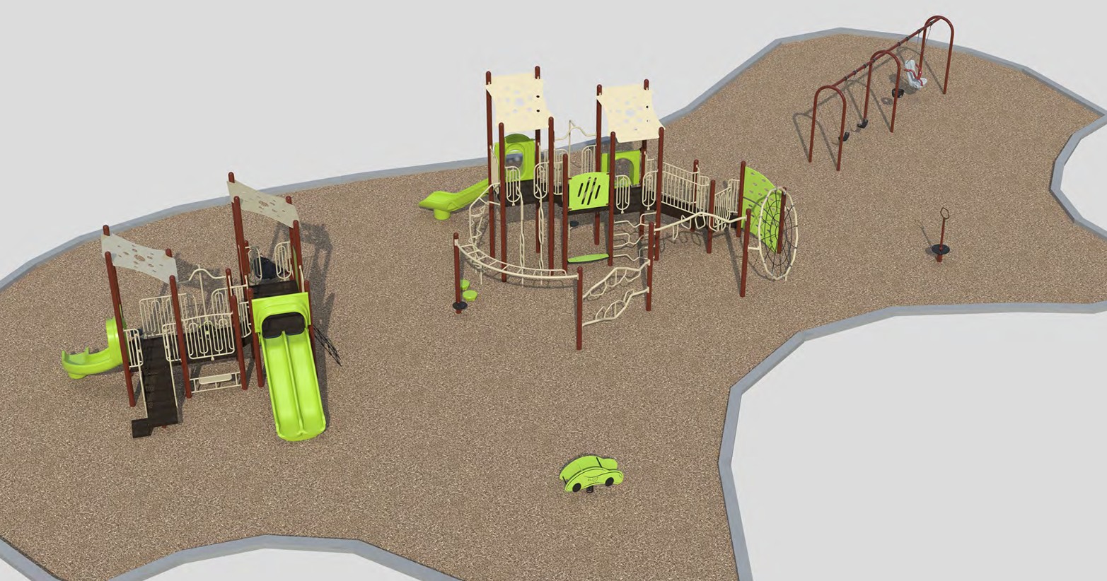 A rendering of Playground Design A looking towards the southeast. From left to right the design includes a junior play structure, a senior play structure, a spring rider, a swing set, and a stand-up spinning toy. The structures are shown in light green, rust and beige.