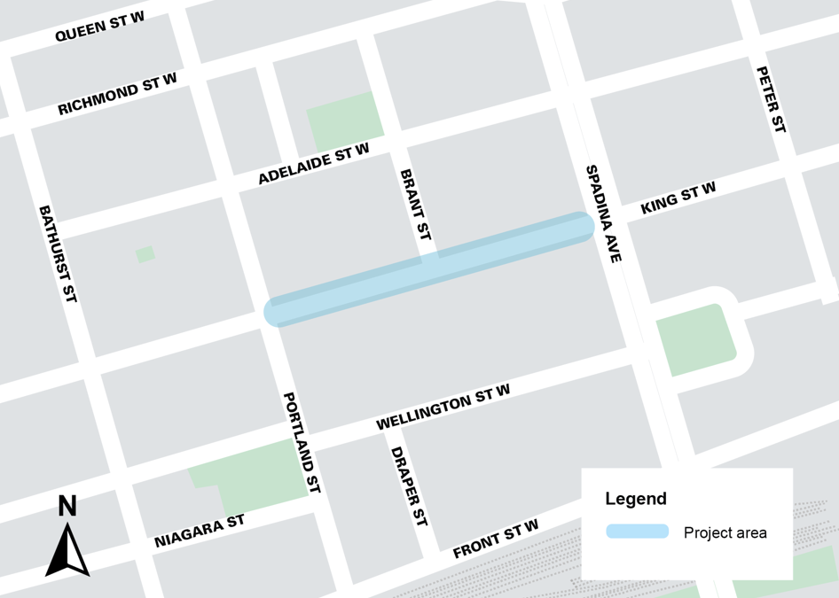 Map of the work area is along along King Street between Portland Street and Spadina Avenue. Please contact Mark De Miglio at 416 395 7178 or email kingportland@toronto.ca