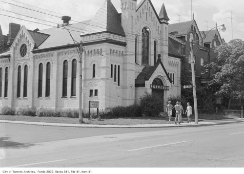 Image depicts church at north-west corner of Beverly and Sullivan street