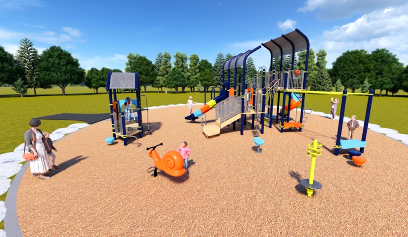 An aerial view of Playground Design A looking to the northeast from the southwest. From the lower left to the upper right, it includes a spring toy, junior play equipment, senior play equipment, spinning balancing seat, standing spinner, climbers, and artificial stepping stones. 