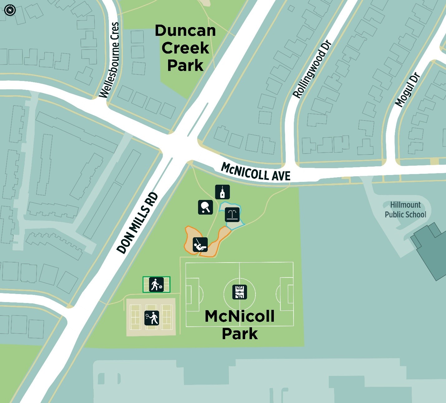 McNicoll Park and the surrounding area showing existing park facilities and amenities. From north to south, the park includes a water bottle filling station, ping pong tables, a splash pad, a playground, an open sports field, a basketball court, and tennis courts. The playground, splash pad, and basketball court areas are outlined as part of the current park improvement project.