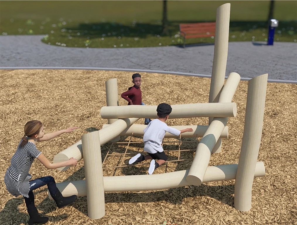 A rendering of the senior climbing structure from Playground Design B looking towards the west. The apparatus is a log jam climbing structure with a net and lower beams. The equipment is shown with wooden posts and logs.