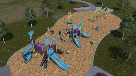 An aerial view of Playground Design C featuring a senior play structure, junior play structure, three ground-level play panels, arched saucer swing, two-person sit-down spinner, and double-bay swing set.