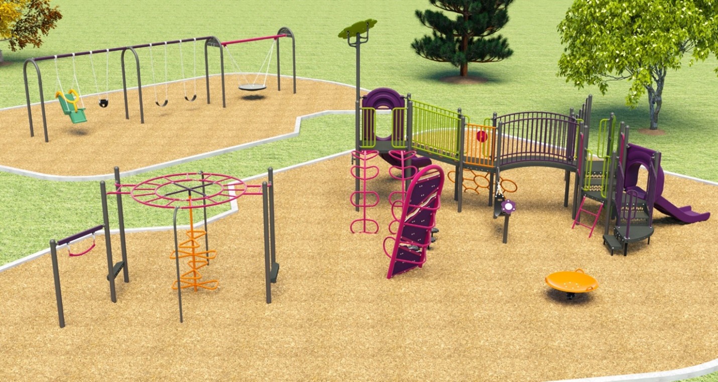 An aerial view of Playground Design A. From the left to right, the playground features a senior circuit course, triple-bay swing set, main playground structure, climbing board and group spinner toy.