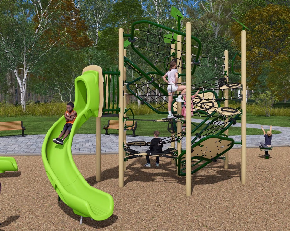 A rendering of the junior play structure from Playground Design C looking towards the northeast. From left to right the structure includes a transfer station, a slide, two leaf roofs, two climbing options, a wheel activity panel, and a wave slide.