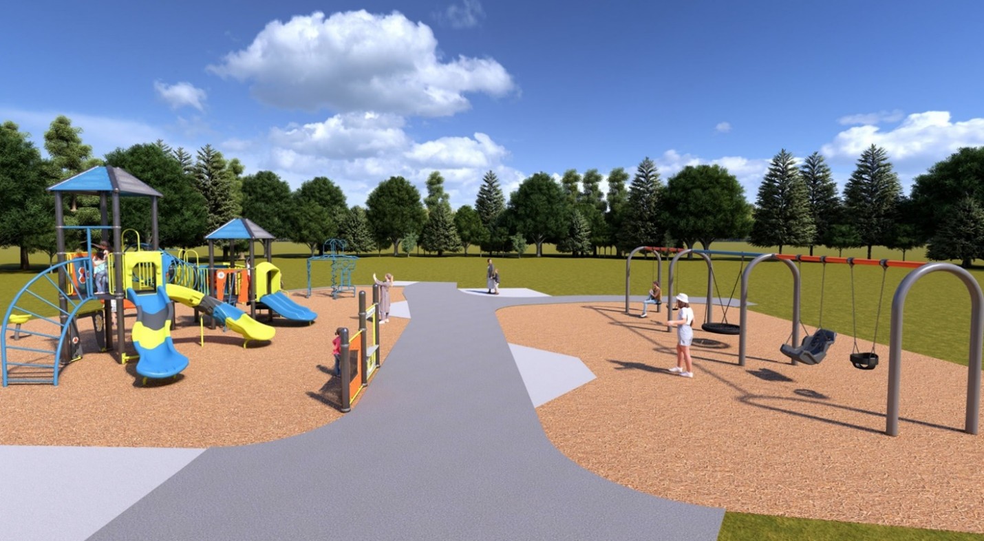 A ground level view of Playground Design B. From left to right, the playground offers a main playground structure, sit down spinner, overhead circular climber, two play panels and a triple-bay swing set.