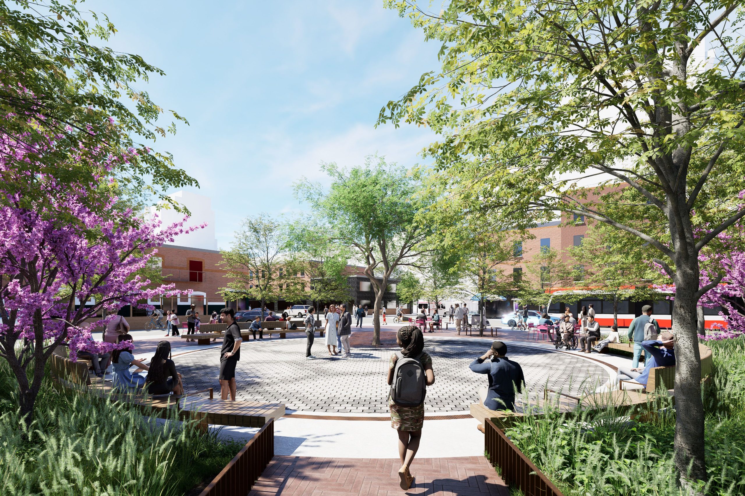 Rendering of the preferred design showing the circular gathering space that has decorative ‘Q’ and turtle pacing. The circle is surrounded by a variety of native trees and plants.