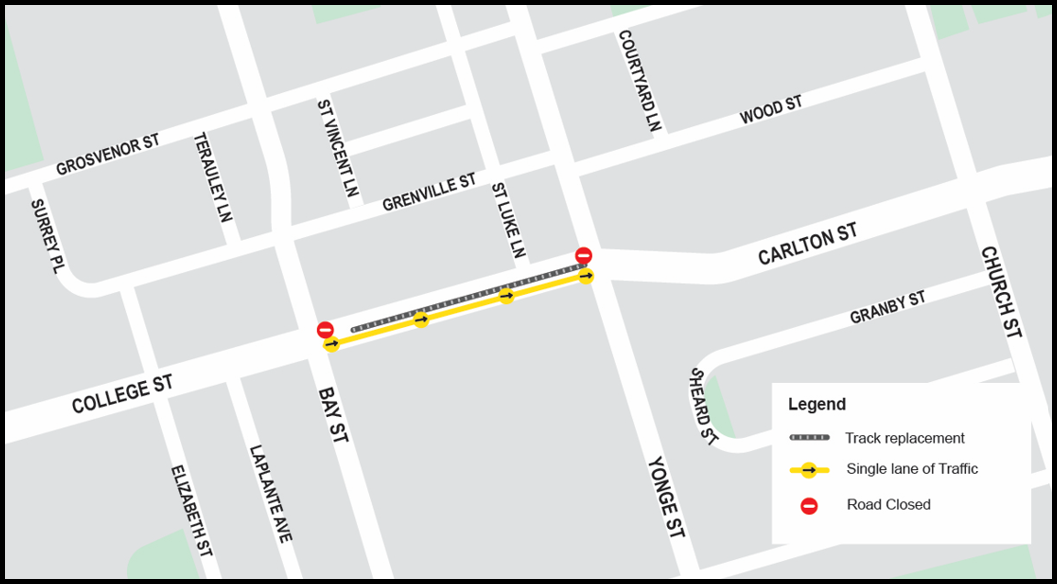 Map of the work area is along College Street and Carlton Street from just west of Bay Street to Church Street to the east. Please contact Mark De Miglio at mark.demiglio@toronto.ca or call 416 395 7178 for more information.