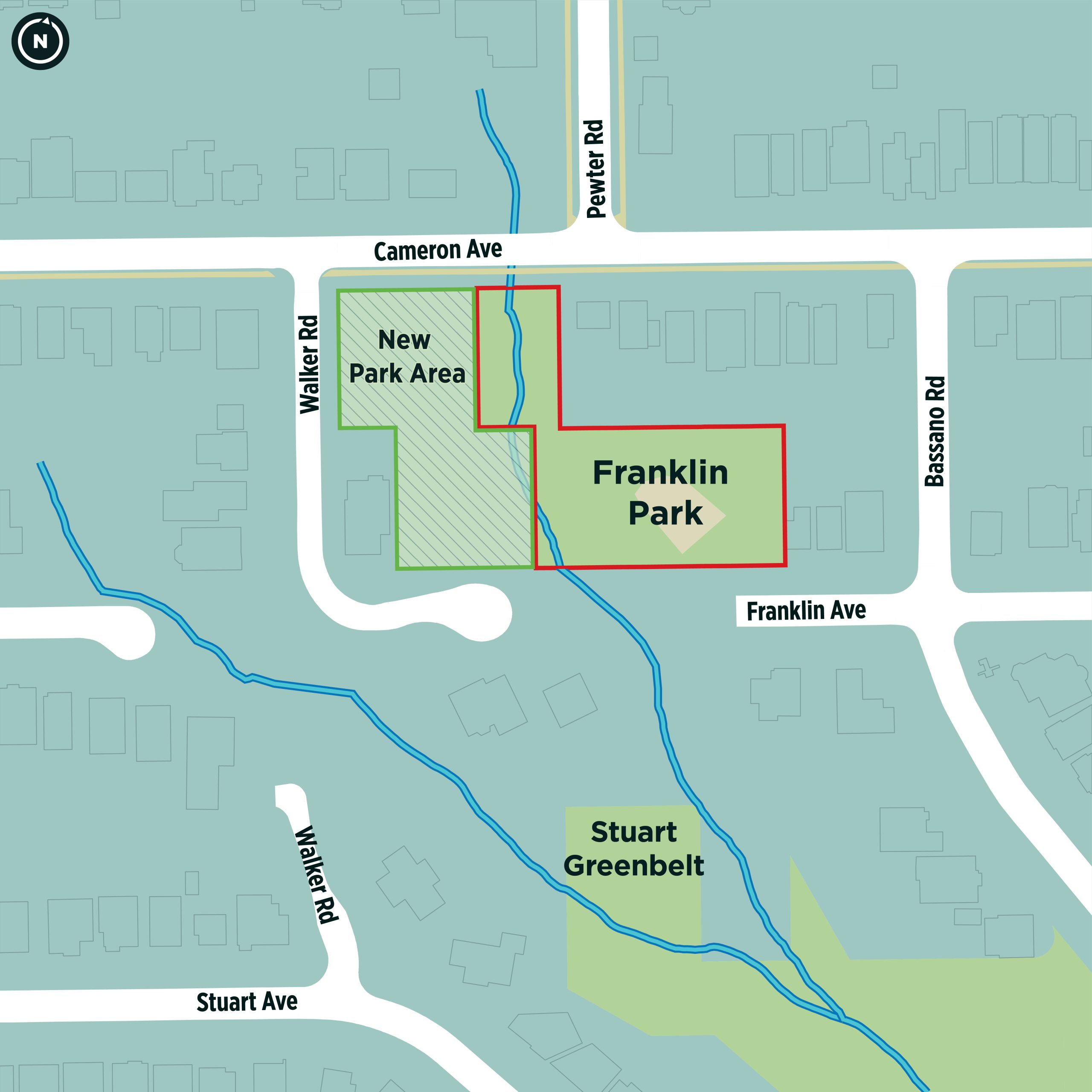 Map of local area showing outline of Franklin Park. The new park area is shown with an outline extending to the west side of the park, reaching to Walker Rd. to the west and Cameron Ave. to the north.
