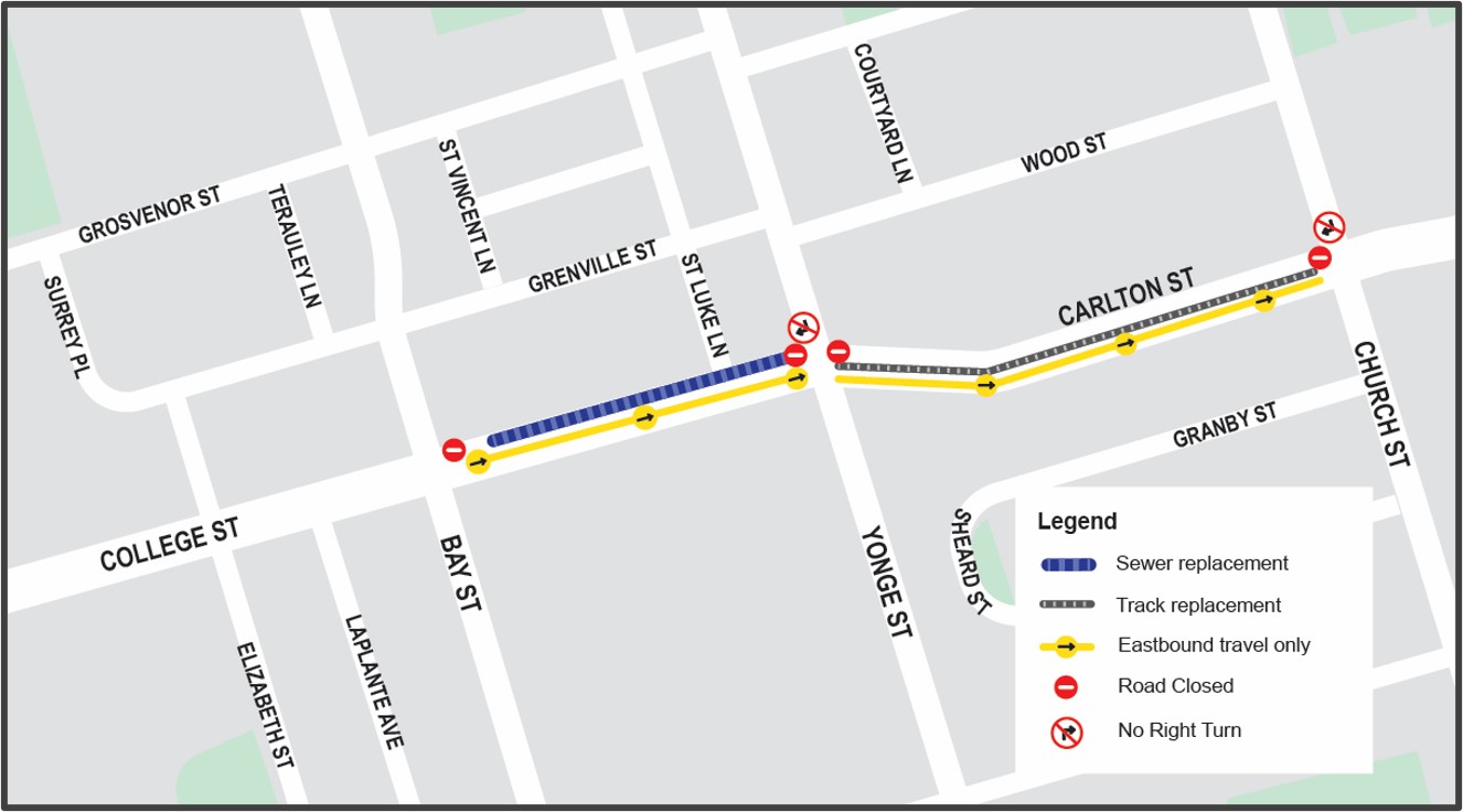 Map of the work area is along College Street and Carlton Street from just west of Bay Street to Church Street to the east. Please contact Mark De Miglio at mark.demiglio@toronto.ca or call 416 395 7178 for more information.