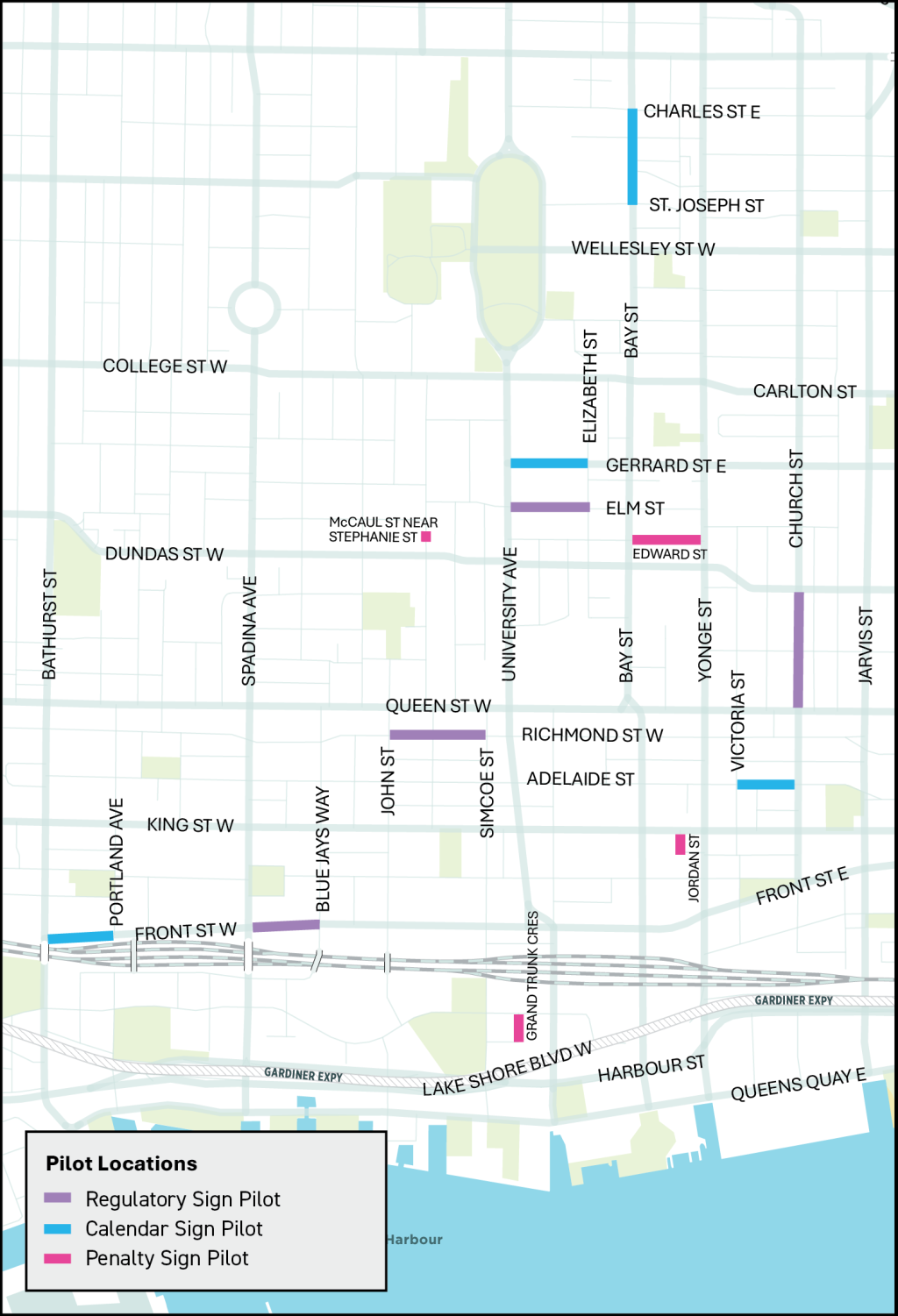 Map of the Regulatory, Calendar and Penalty Sign Pilots across the downtown core. If you require additional assistance reading this map, please contact parkingsignpilot@toronto.ca.