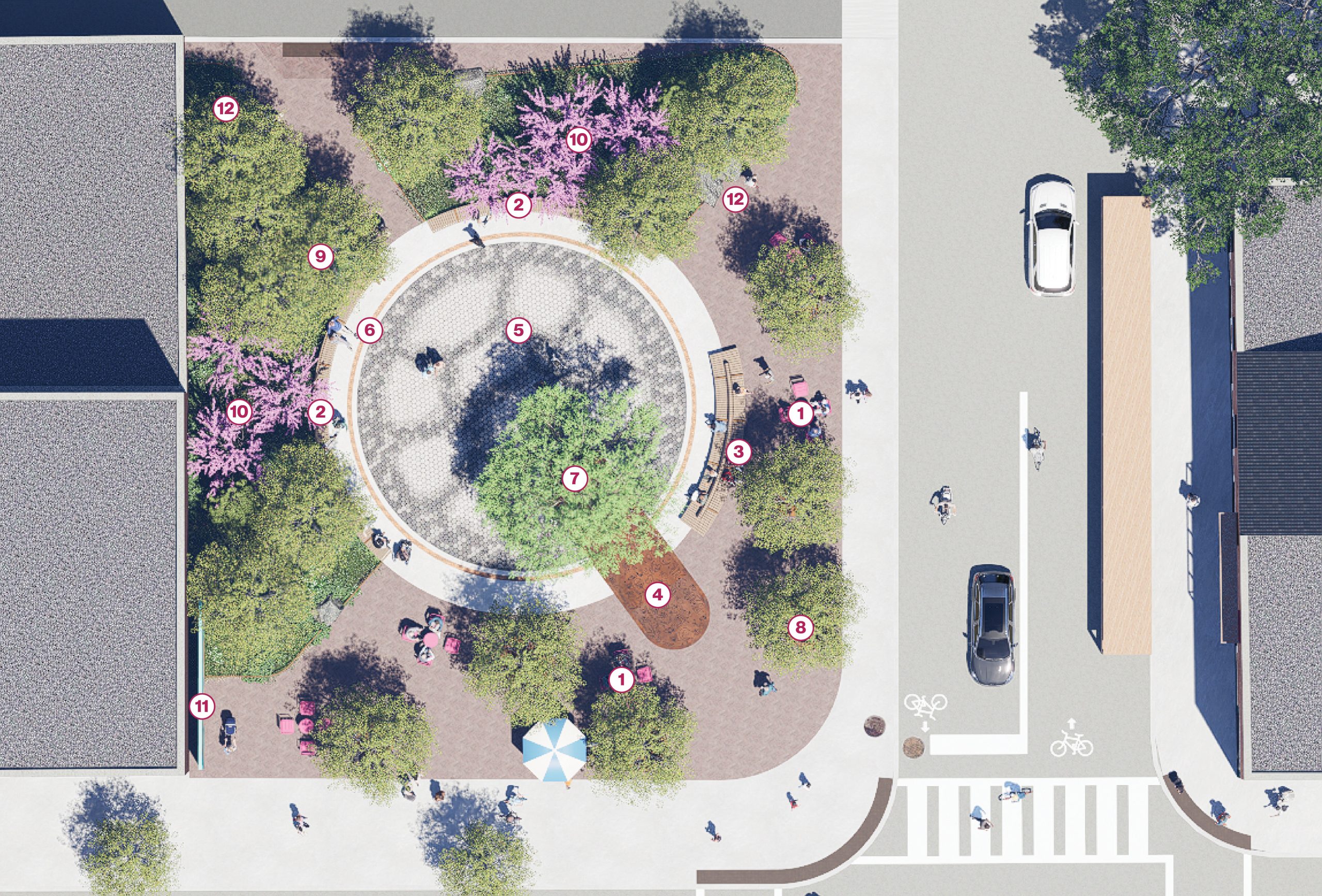 Preferred design highlighting the bistro tables, single-sided bench, 'Q' feature paving, gathering circle paving, interpretive trench drain, feature tree, tree planting in soil cells, tree planting in open beds, ornamental shrubs, art panel and erratics.