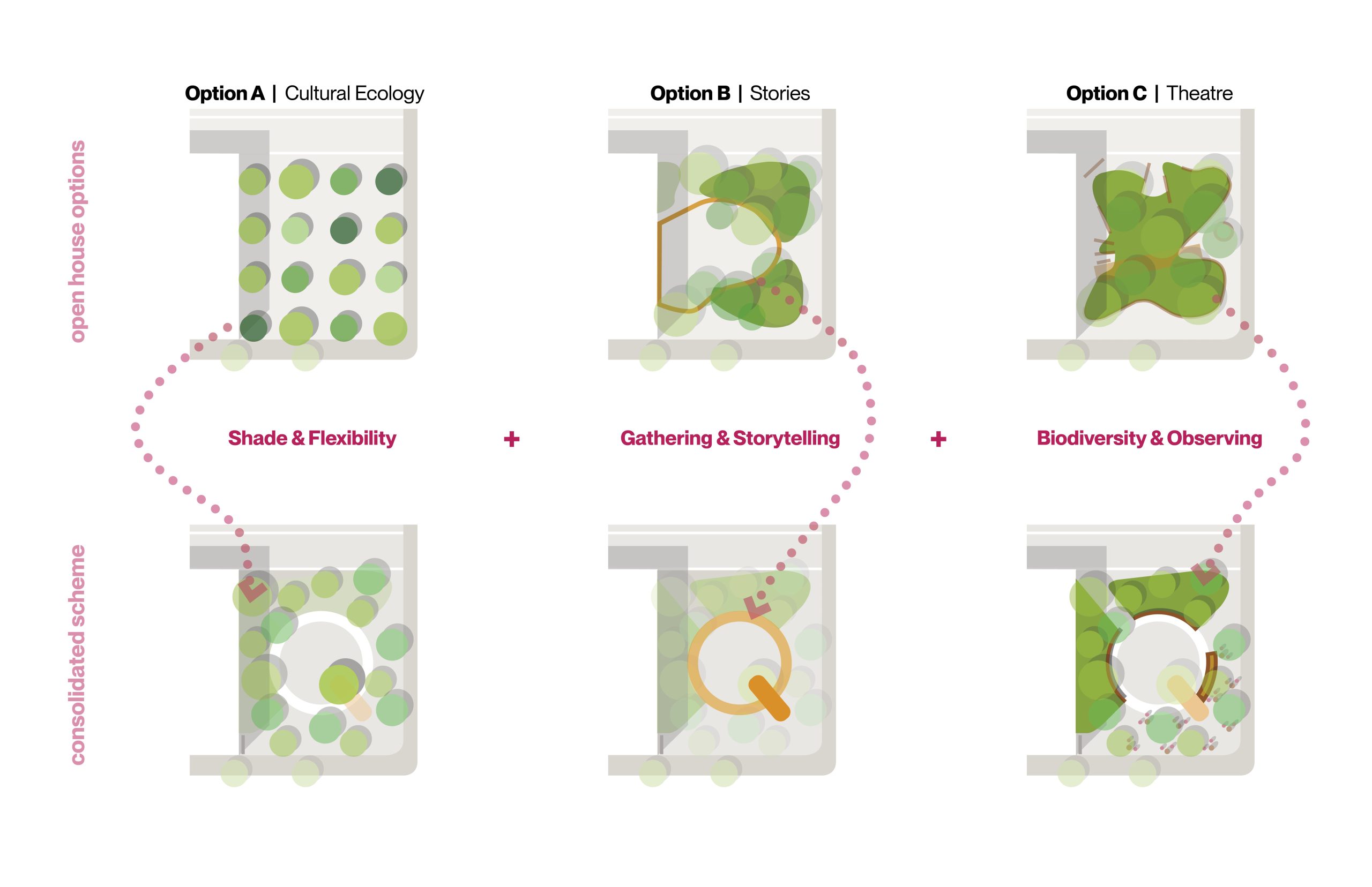 Diagram showing Option A, B and C and how preferred features in each option fed into the preferred design. Shade and flexibility from Option A, gathering and storytelling from Option B and biodiversity and observing from Option C.