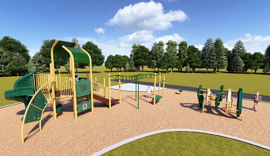 A rendering of Playground Design A looking towards the northeast. From left to the right it includes senior play structure, a seat spinner, a freestanding hoop climber, and a stand-up spinner. From left to right the senior play structure includes a spiral slide, a climbing option, a seating seating area, two roofs, two activity panels, steps, an overhead climbing option, and rings. The equipment is shown in beige, brown, and green.