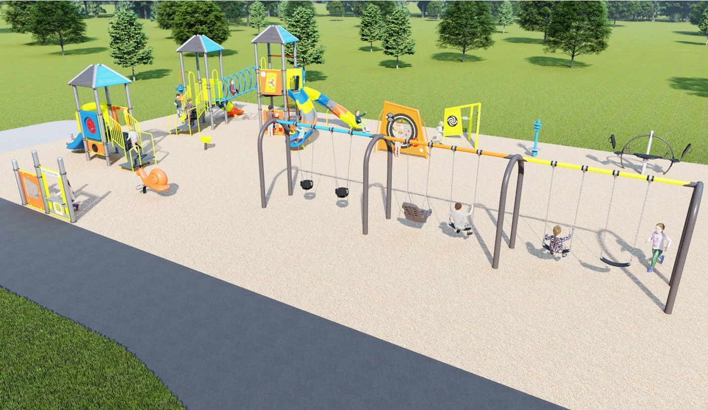 An aerial view of Playground Design C looking to the northwest from the southeast. From the lower left to the upper right, it includes play panel, junior play structure, snail spring toy, spinner seat, senior play structure, swing set, play panels, stand-up spinner toy and a seesaw. 