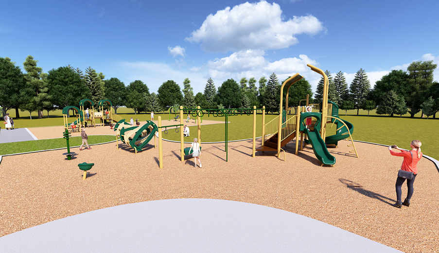 A rendering of Playground Design A looking towards the southwest. From left to the right it includes a stand-up spinner, a seat spinner, a freestanding hoop climber, and a senior play structure.  From left to right the senior play structure includes a transfer station with steps, a roof, a wave slide, another roof, a climbing option, and a spiral slide. The equipment is shown in beige, brown, and green.
