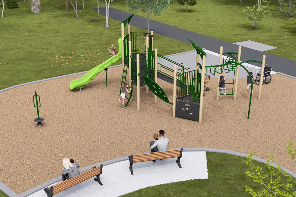 A rendering of Playground Design B looking towards the northeast. From left to the right it includes a stand-up spinner and a senior play structure. From left to right the senior play structure includes a curved slide, a roof, two climbing options, a deck transition climbing option, a climbing wall option, another roof, an overhead climbing option, and a monkey bar with two rings. The equipment is shown in beige, dark grey, green, and light green.