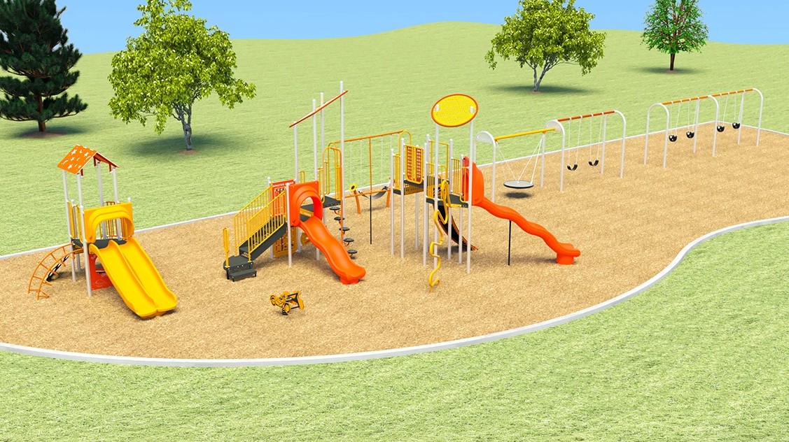An aerial view of Playground Design A looking to the north from the south. From the lower left to the upper right, it includes a, junior play equipment, senior play equipment, swing set, and a spinner toy. 
