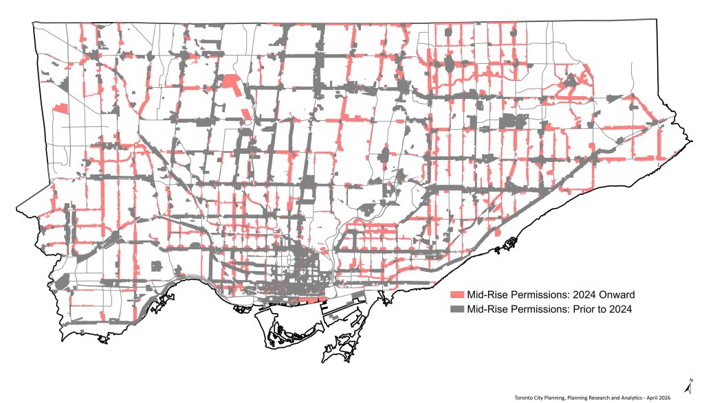 Map showing distribution of new and old mid-rise building permissions across a city, with new permissions (2024 onward) highlighted in red and old permissions (prior to 2024) in gray. The map reveals clusters of new mid-rise developments.